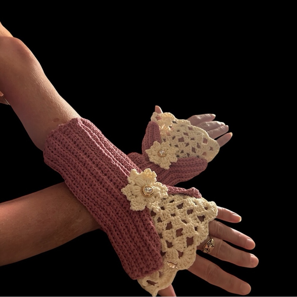 Hand Crafted Crochet Arm Warmers with Floral Detail